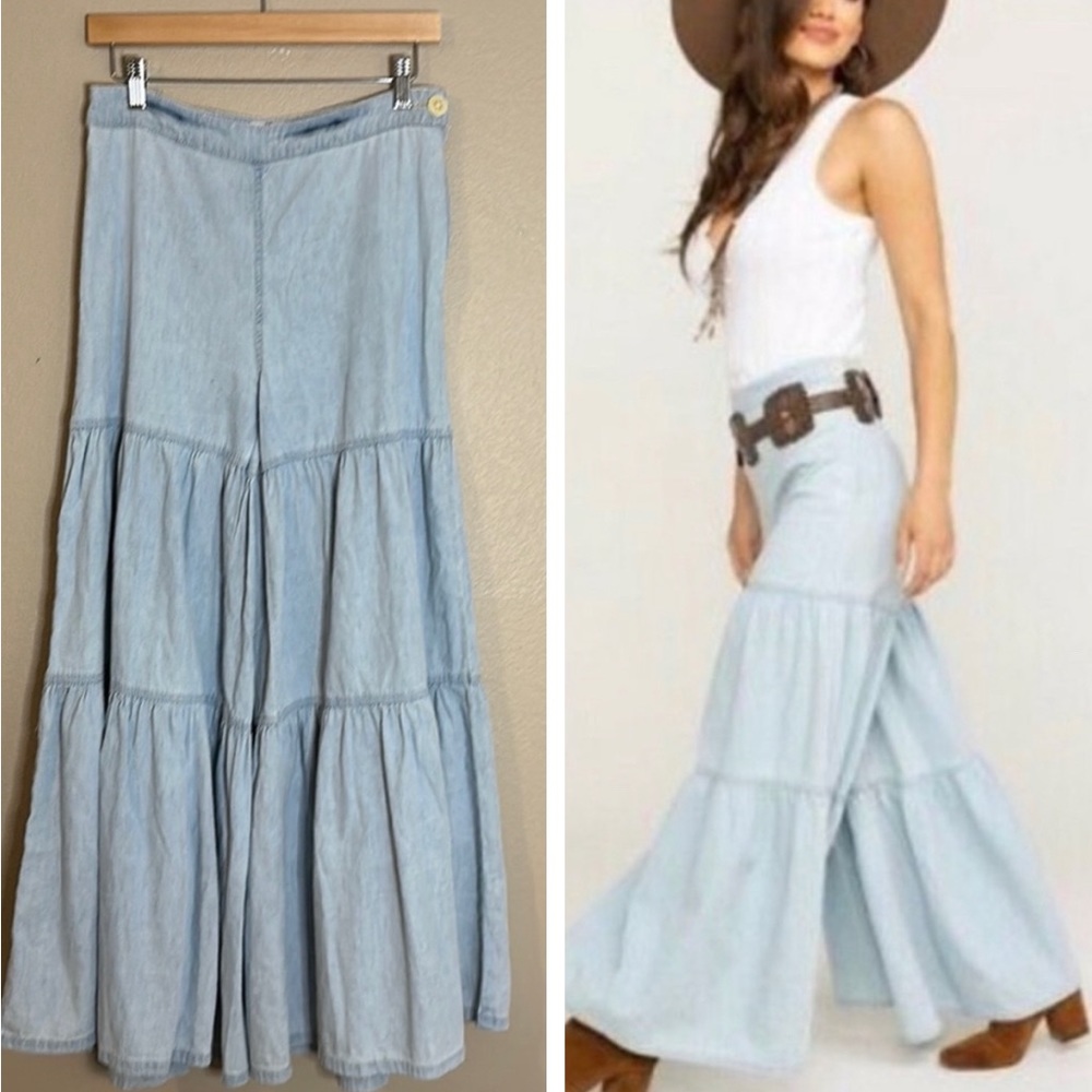 Free People Light Blue Tiered Denim Flare Pants